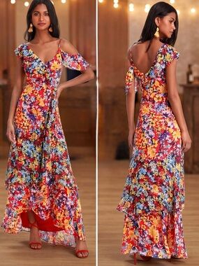 Lulu's Red Multi Floral Cold-Shoulder High-Low Maxi Dress Small